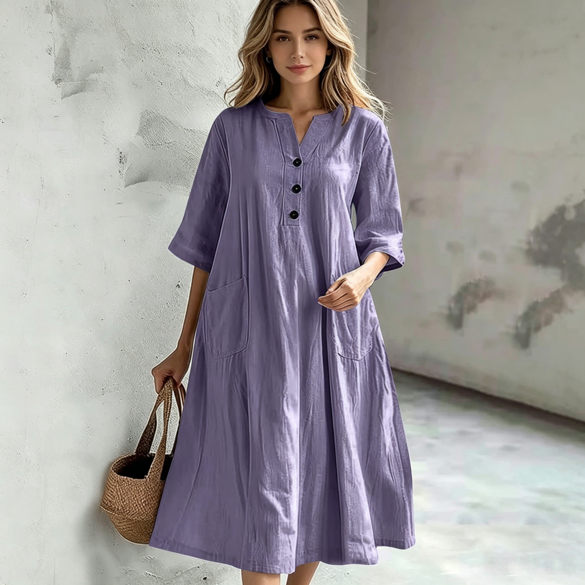 【S-5XL】Vestido de mujer de largo medio, cuello en V, manga corta, de algodón y lino, de corte holgado, con tres bolsillos abotonados, cómodo y transpirable.