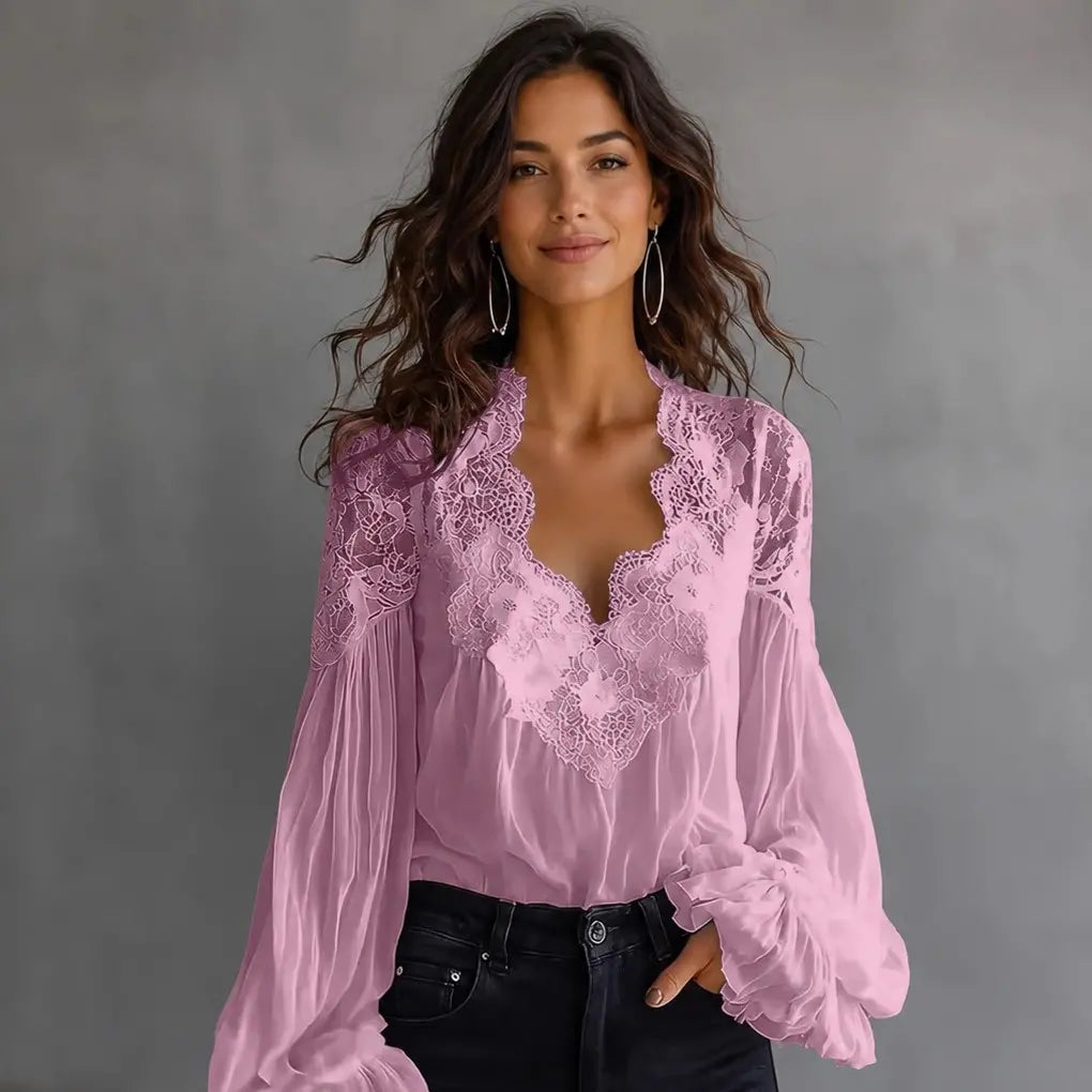 【S-3XL】Blusa de encaje con diseño de paneles y cuello en V