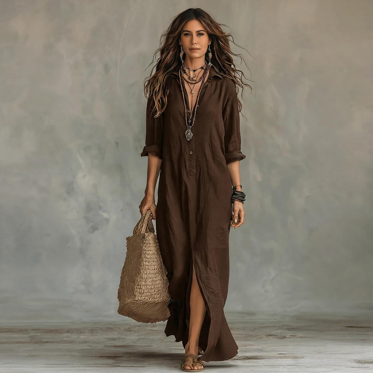 纯新品Lucia | Vestido de Lino y Algodón con Cuello en V y Corte Favorecedor