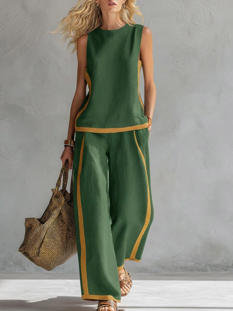 2026 Nuevo conjunto moderno de dos piezas para mujer: top sin mangas con detalles en contraste y pantalones de pierna ancha - Estilo veraniego, casual y chic.