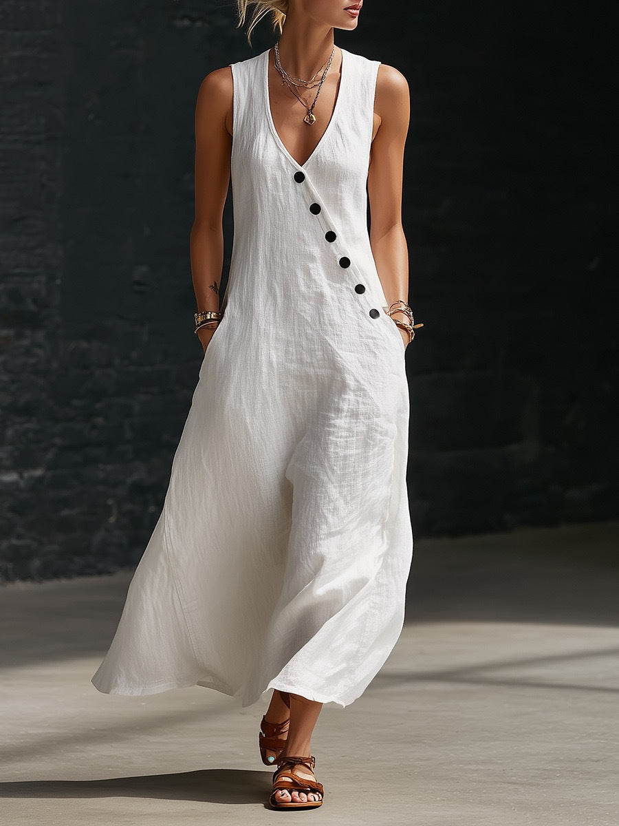 Vestido cómodo de algodón y lino para mujer, sin mangas, con botones.