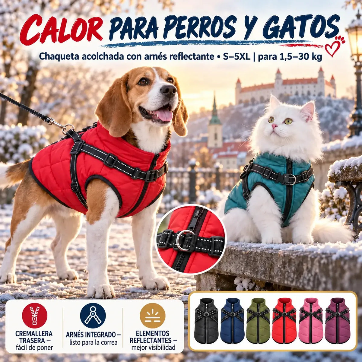🐱🐶❄️ Abrigo acolchado y calentito para perros y gatos, impermeable, con elementos reflectantes y arnés integrado. ¡Tallas de la S a la 5XL para todas las razas! ✨