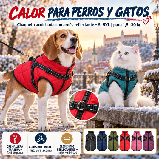 🐱🐶❄️ Abrigo acolchado y calentito para perros y gatos, impermeable, con elementos reflectantes y arnés integrado. ¡Tallas de la S a la 5XL para todas las razas! ✨