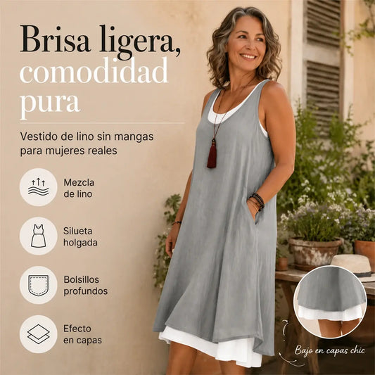 Vestido Tipo Camiseta de Tirantes para Mujer con Diseño de Falso Dos Piezas, Corte Holgado y Casual