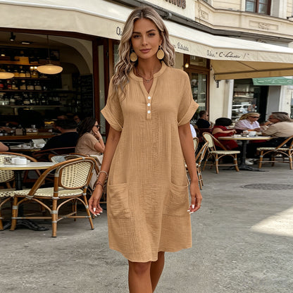 🎁 50% de descuento 🔥【40-90 kg】Vestido de viaje de manga corta para mujer de algodón y lino - ligero y transpirable ✅️Pago contra entrega