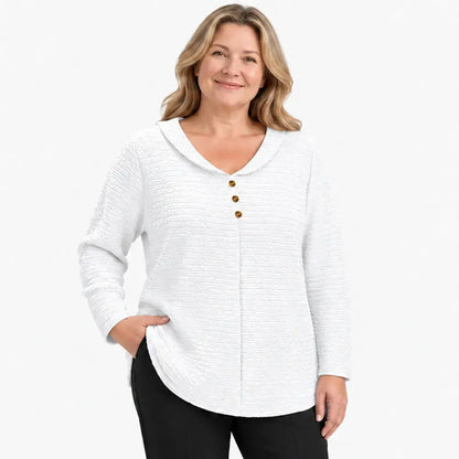 🔥【XL-5XL】🎁💖 Nový dámsky top nadmerných veľkostí so zapínaním na gombíky a v jednofarebnom vyhotovení; vyznačuje sa štruktúrovanou, plisovanou látkou a okrúhlym golierom (typu Peter Pan).