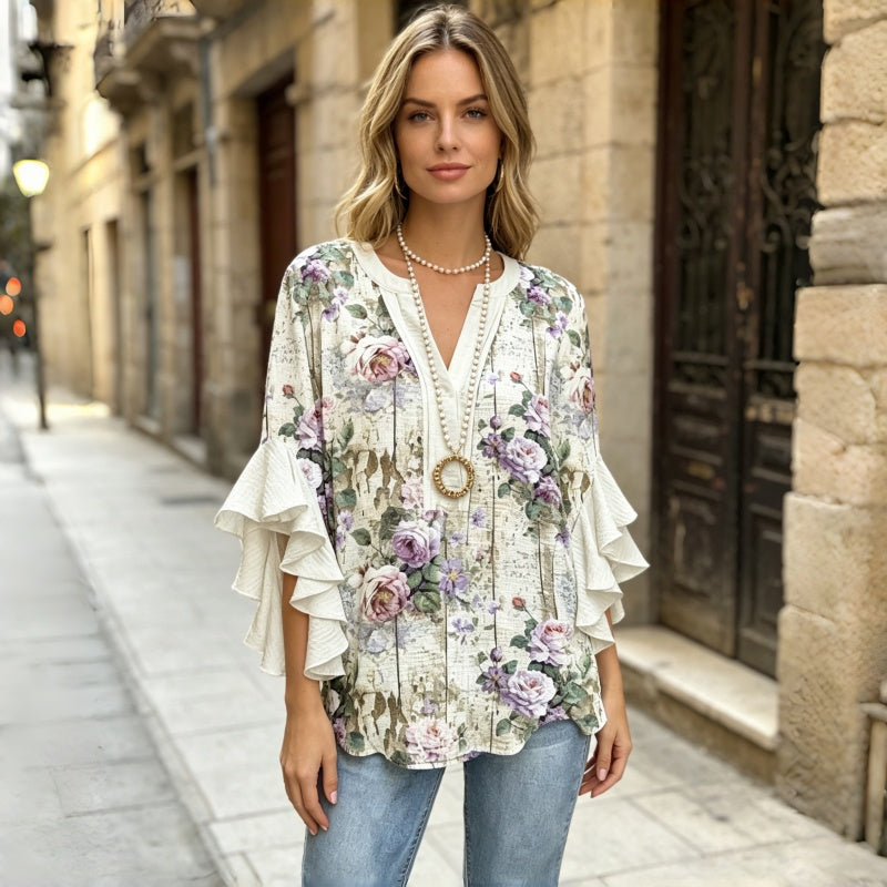 【S-5XL】Nueva camiseta informal de mujer con estampado, cuello en V y ribete de flor de loto en la manga.