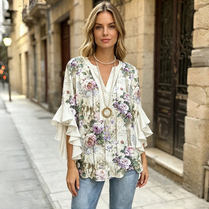 【S-5XL】Nueva camiseta informal de mujer con estampado, cuello en V y ribete de flor de loto en la manga.