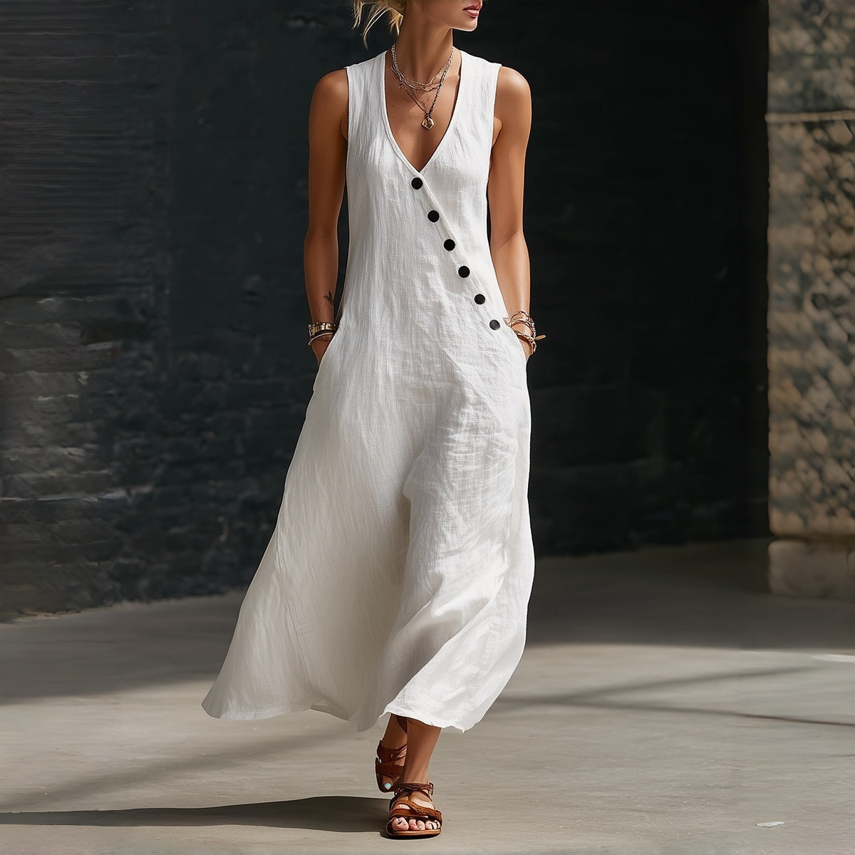 Vestido cómodo de algodón y lino para mujer, sin mangas, con botones.