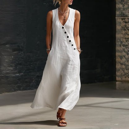 ✨【S-3XL】Vestido cómodo de algodón y lino para mujer, sin mangas, con botones.