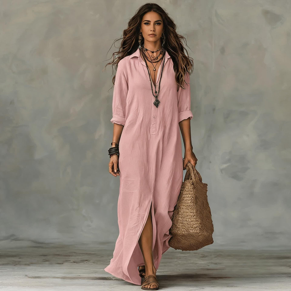 纯新品Lucia | Vestido de Lino y Algodón con Cuello en V y Corte Favorecedor