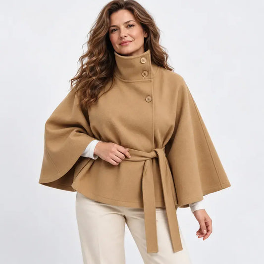 🧥✨【1 kus, S–3XL】Nová módna dámska pelerína na jeseň a zimu – hladká, so stojačikom, gombíkmi a opaskom.