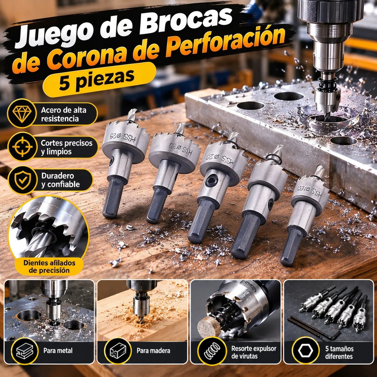 🔩⚙️【Juego de 5 piezas】Sierras de corona de acero rápido (HSS) con recubrimiento de titanio
