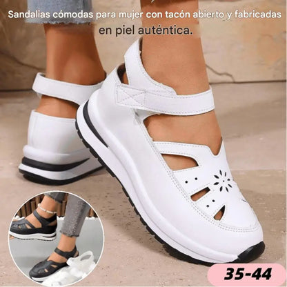 【35-44】Sandalias cómodas para mujer, a la moda en 2026, con tacón hueco, hechas de piel auténtica.