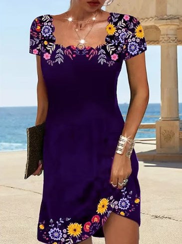 🌸👗【S-3X】Lato 2025 nowy styl, damska sukienka z krótkim rękawem i falowanym dekoltem, z nadrukiem --3923466