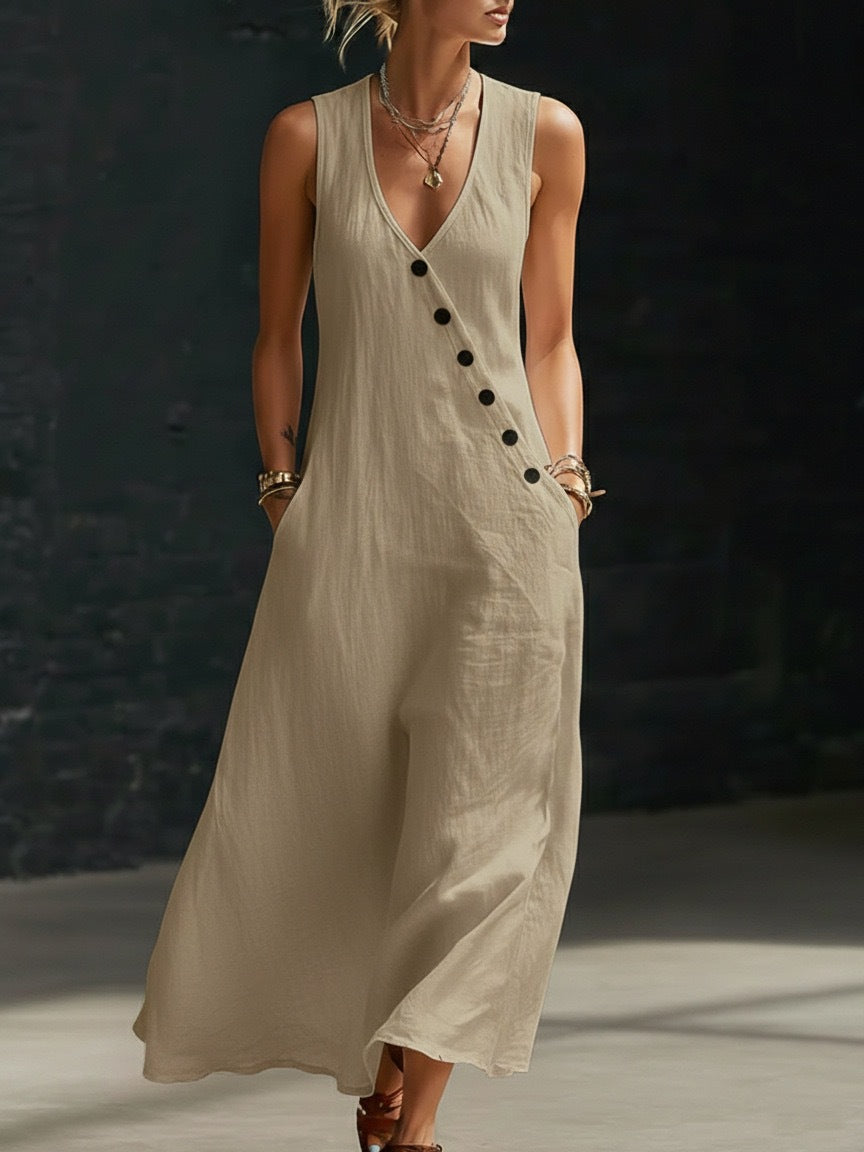 Vestido cómodo de algodón y lino para mujer, sin mangas, con botones.