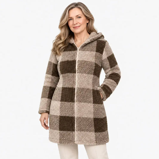 ✨【S-3XL】Dlhý obojstranný dámsky kardigán/kabát na zips – umelá kožušina a károvaný vzor (jeseň/zima)