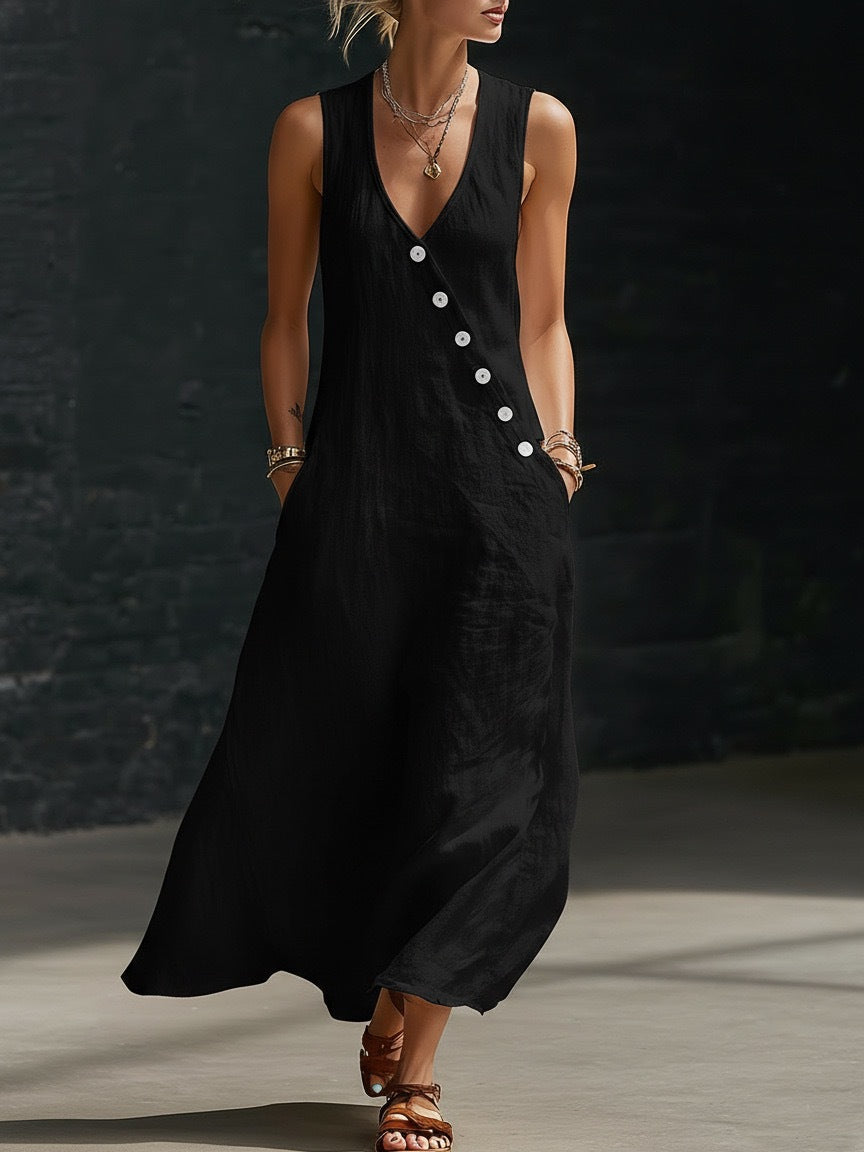 Vestido cómodo de algodón y lino para mujer, sin mangas, con botones.