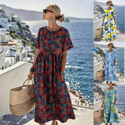 👗【S-4XL】Ležérne potlačené šaty na leto 2026, okrúhly výstrih, s vreckami, platba na dobierku.