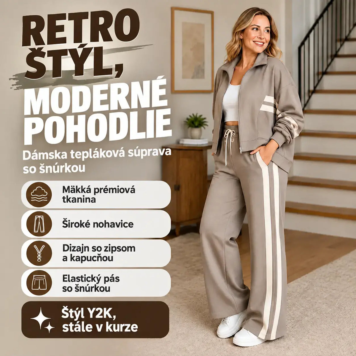 🧥👖✨【S–3XL】Dámska tepláková súprava v retro štýle – mikina na zips a široké nohavice, mäkká a priedušná.