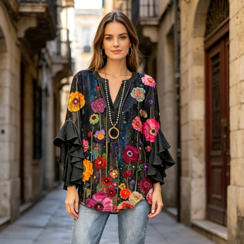 【S-5XL】Nueva camiseta informal de mujer con estampado, cuello en V y ribete de flor de loto en la manga.