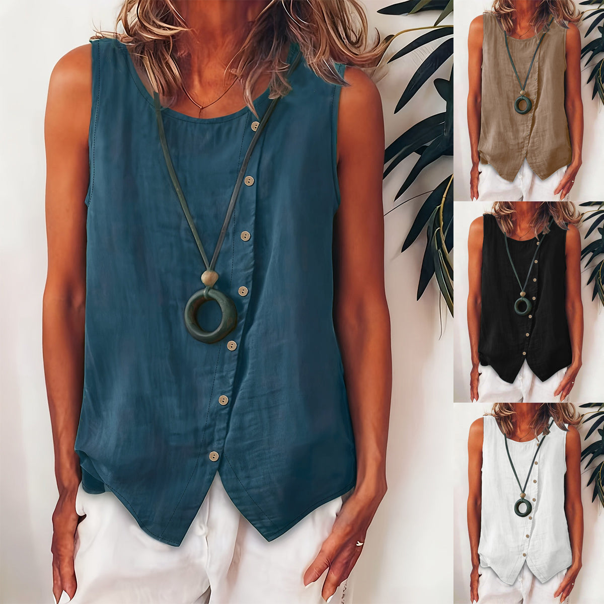 Blusa sin mangas elegante para mujer 2026 – Diseño suelto con botones y estilo casual chic