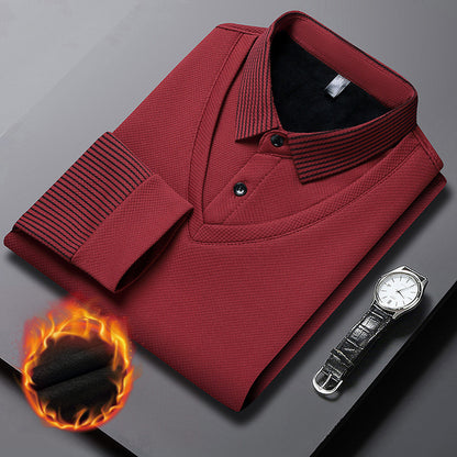 👔【M-4XL】 Podzimní a zimní ležérní a univerzální falešná dvoudílná POLO košile s dlouhým rukávem a sametový módní spodní díl-3837883