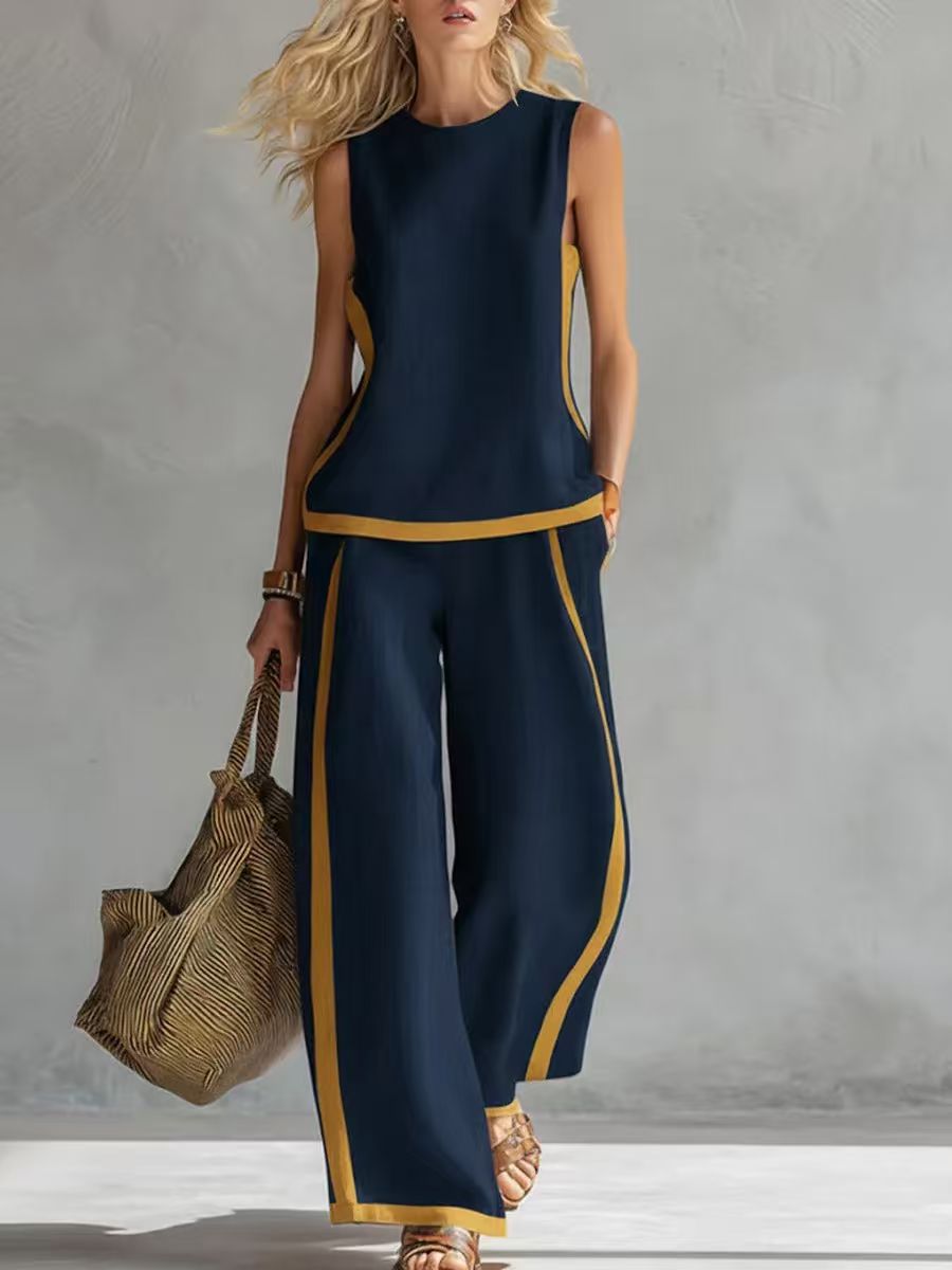 2026 Nuevo conjunto moderno de dos piezas para mujer: top sin mangas con detalles en contraste y pantalones de pierna ancha - Estilo veraniego, casual y chic.