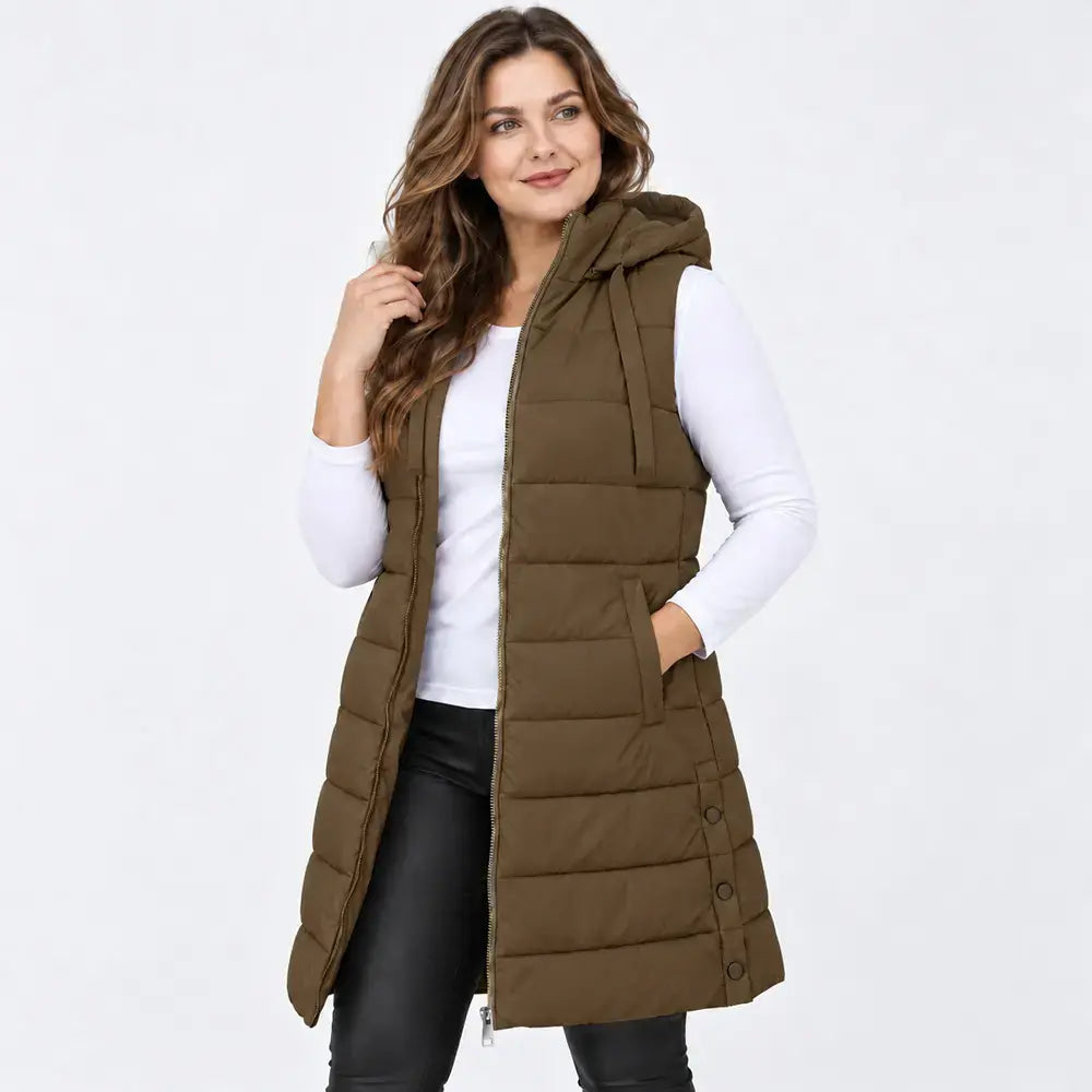 🧥✨【S–5XL】Hladká zateplená vesta s kapucňou a zipsom – prešívaná stredná dĺžka na vrstvenie.