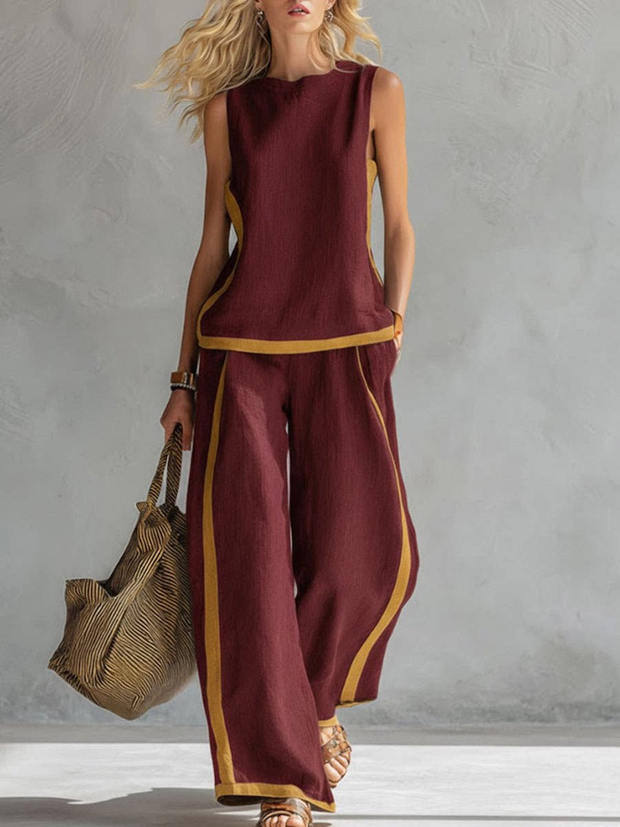 2026 Nuevo conjunto moderno de dos piezas para mujer: top sin mangas con detalles en contraste y pantalones de pierna ancha - Estilo veraniego, casual y chic.