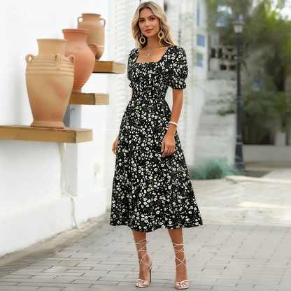 【S-3XL】Vestido nuevo estampado de cuello cuadrado, cintura ajustada y mangas abullonadas (colección 2026)