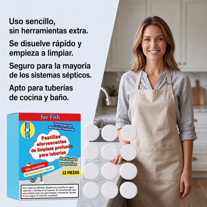 🥳💞 Potentes pastillas efervescentes para desatascar y limpiar tuberías. Eliminan grasa, cabello, malos olores y bacterias. Aptas para fregaderos, inodoros y desagües.