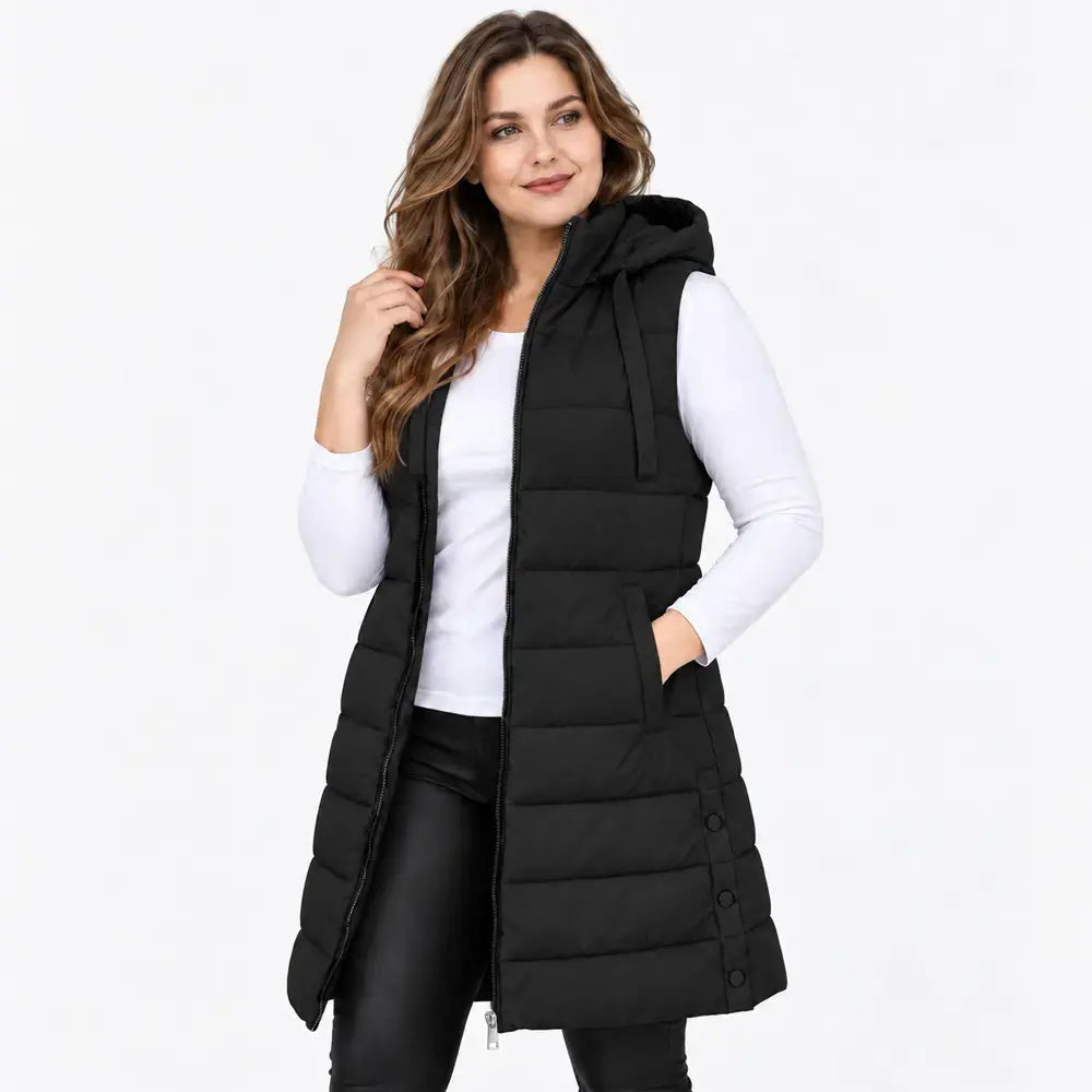 🧥✨【S–5XL】Hladká zateplená vesta s kapucňou a zipsom – prešívaná stredná dĺžka na vrstvenie.