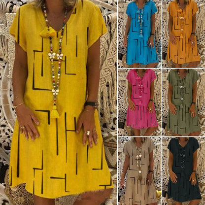 【45% OFF】👗【S-5XL】Potištěné bavlněné šaty s výstřihem do V