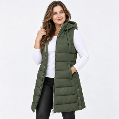 🧥✨【S–5XL】Hladká zateplená vesta s kapucňou a zipsom – prešívaná stredná dĺžka na vrstvenie.