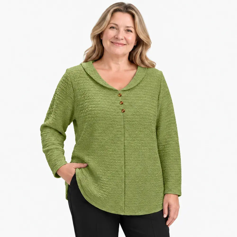 🔥【XL-5XL】🎁💖 Nový dámsky top nadmerných veľkostí so zapínaním na gombíky a v jednofarebnom vyhotovení; vyznačuje sa štruktúrovanou, plisovanou látkou a okrúhlym golierom (typu Peter Pan).