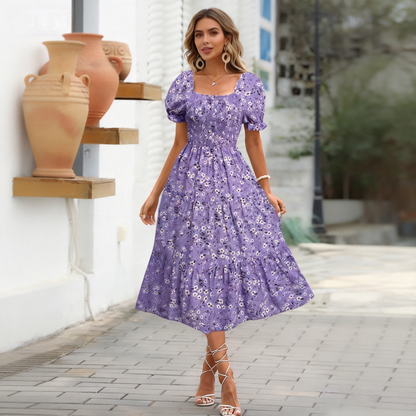 【S-3XL】Vestido nuevo estampado de cuello cuadrado, cintura ajustada y mangas abullonadas (colección 2026)
