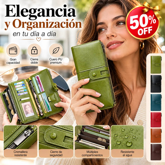 🔥50% de descuento💼 Cartera retro multifuncional de piel encerada para mujer, con diseño de doble cremallera y función antirrobo RFID.