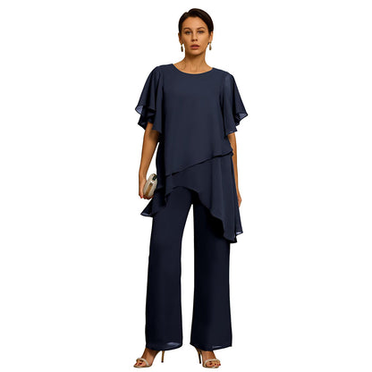 【S-3XL】Elegante Conjunto de Chifón: Top Asimétrico με Volantes y Pantalón Ancho – Look Sofisticado para Eventos