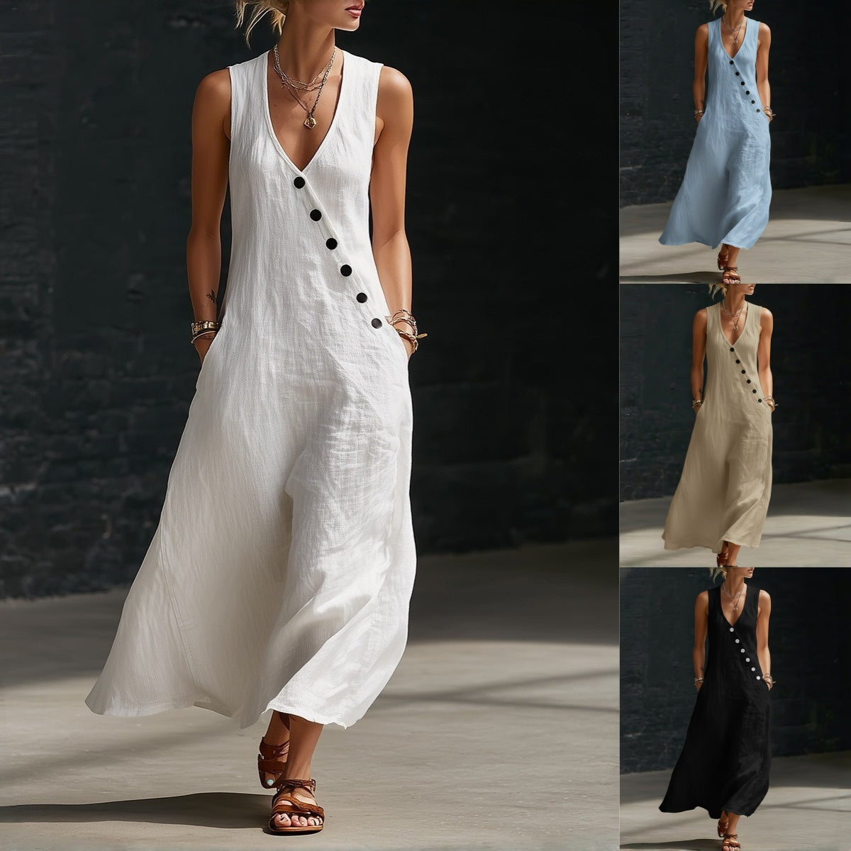 ✨【S-3XL】Vestido cómodo de algodón y lino para mujer, sin mangas, con botones.