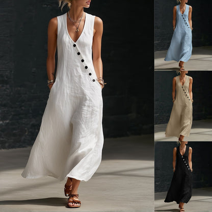 ✨【S-3XL】Vestido cómodo de algodón y lino para mujer, sin mangas, con botones.