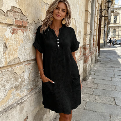 🎁 50% de descuento 🔥【40-90 kg】Vestido de viaje de manga corta para mujer de algodón y lino - ligero y transpirable ✅️Pago contra entrega